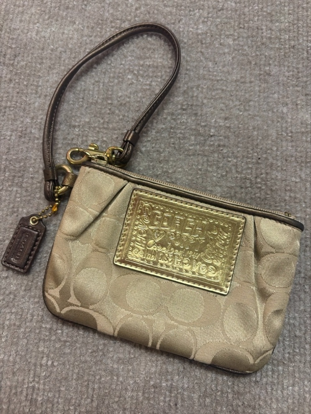 Coach Signature C Wristlet Khaki Brown Canvas Gold Patch Strap Pouch